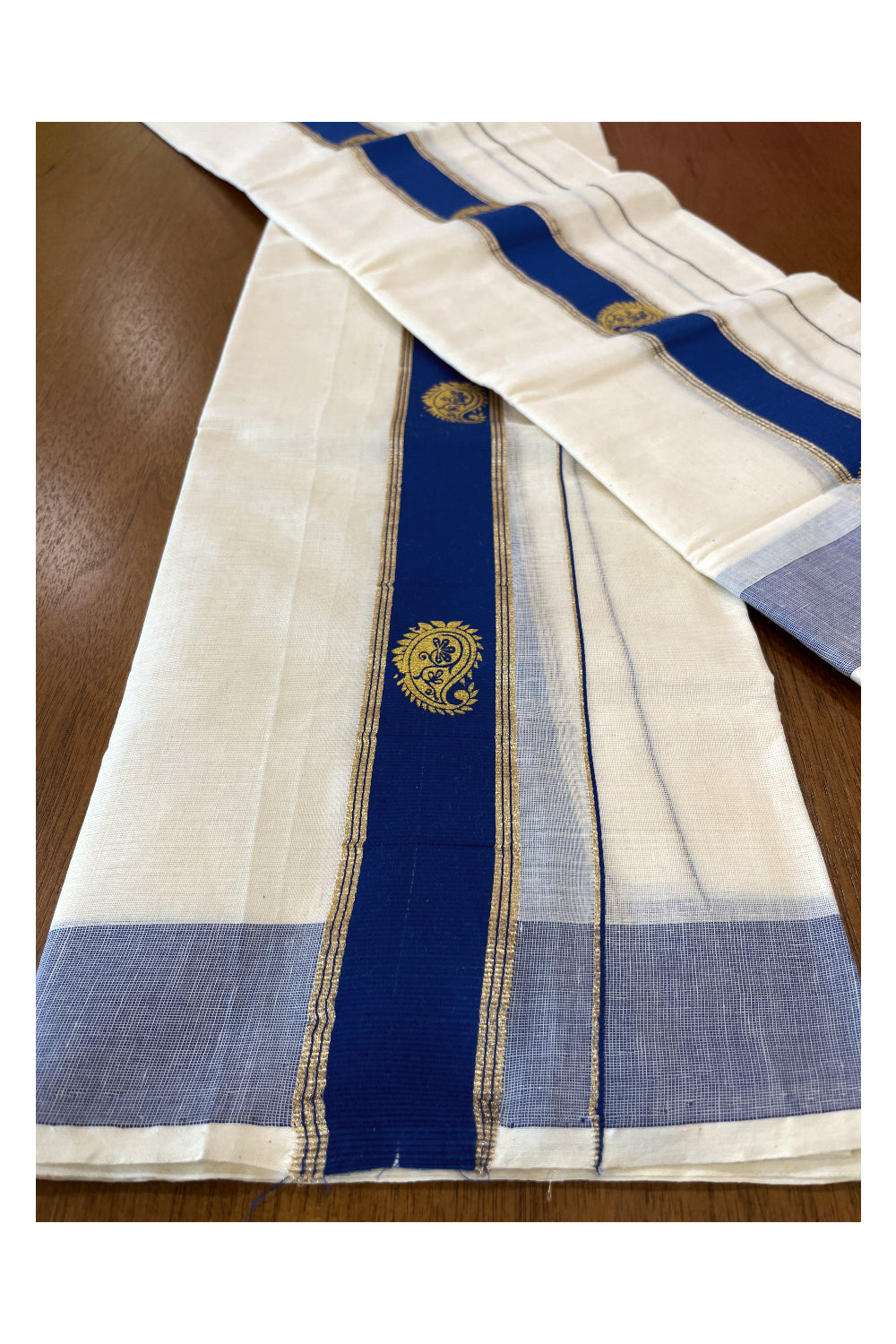 Cotton Single Set Mundu (Mundu Neriyathum) with Golden Block Prints on Blue Border