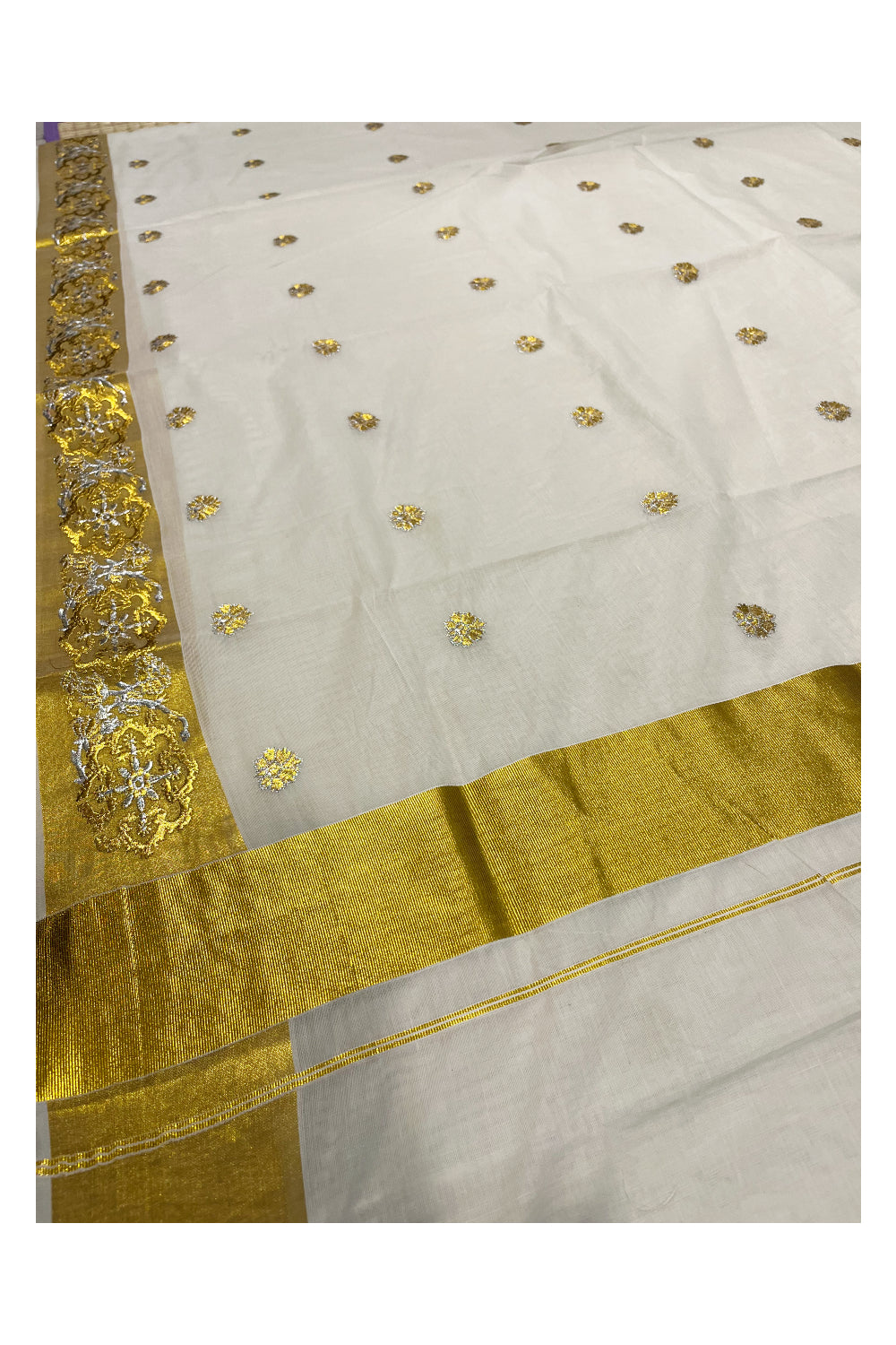 Kerala Cotton Kasavu Saree With Silver and Golden Woven Works