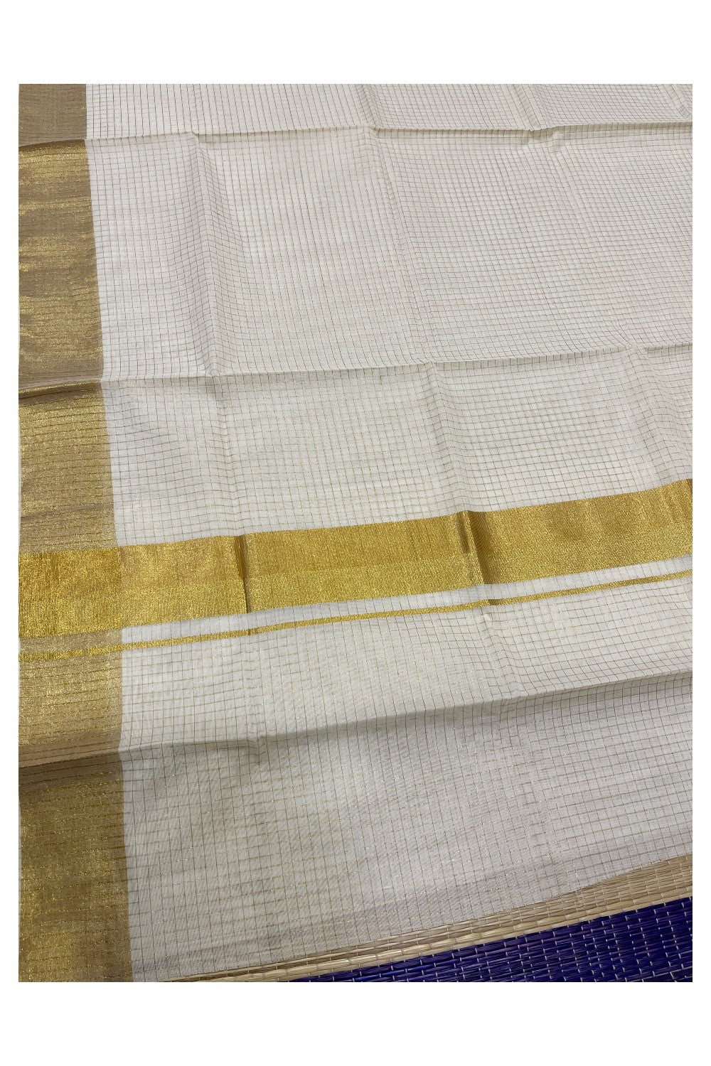 Pure Cotton Kerala Saree with Kasavu Small Check Designs Across Body with 3x3 Border