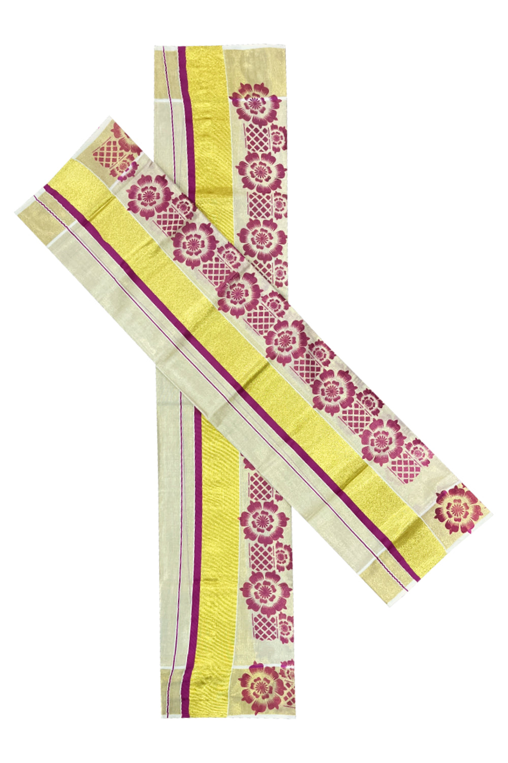 Kerala Tissue Kasavu Set Mundu (Mundum Neriyathum) with Magenta Floral Block Prints on Border 2.80 Mtrs