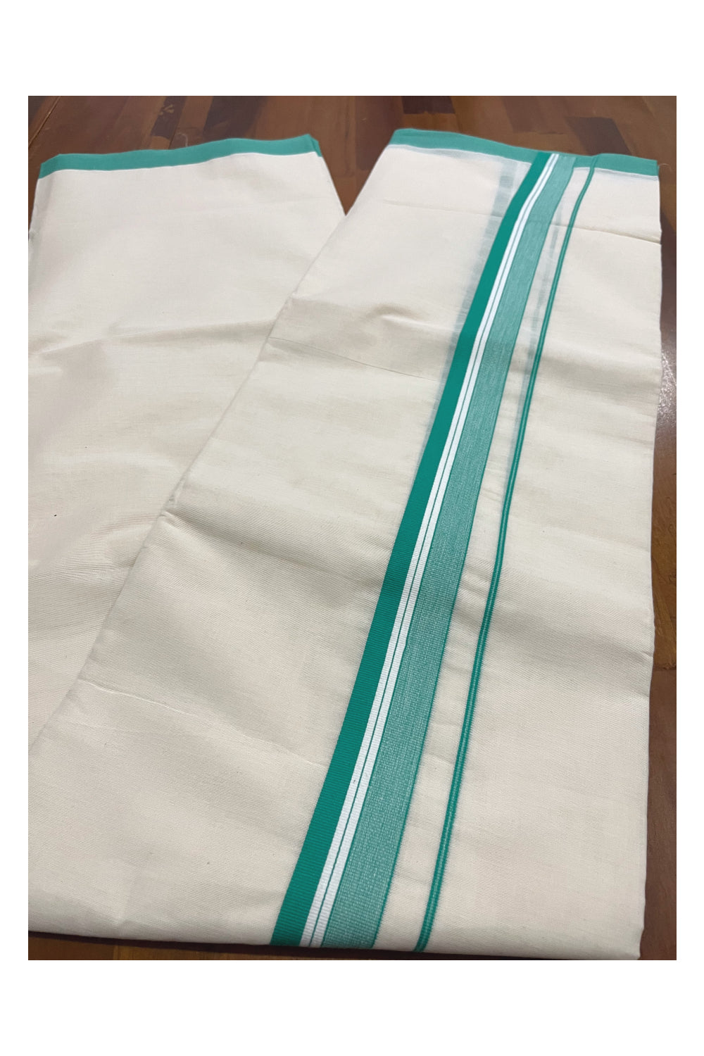 Pure Cotton Kerala Double Mundu with Turquoise Kara (South Indian Kerala Dhoti)