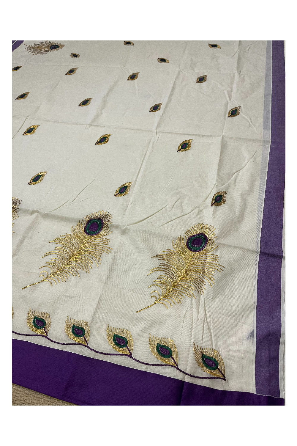 Pure Cotton Kerala Saree with Feather Embroidery Work and Violet Border (Onam Saree 2023)