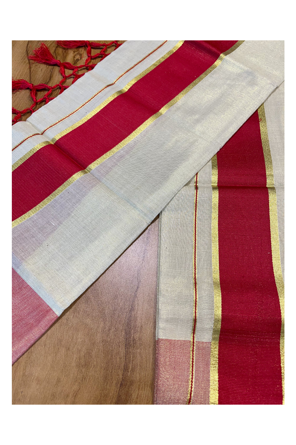 Kerala Tissue Kasavu Set Mundu (Mundum Neriyathum) with Red Border Tassels on Pallu