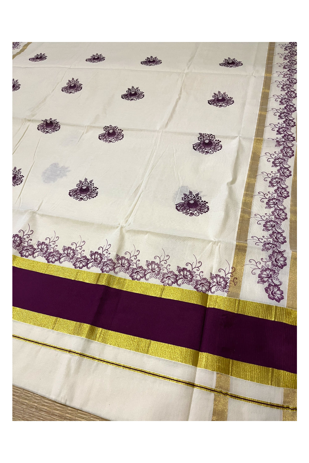 Pure Cotton Kerala Saree with Purple Floral Block Printed Kasavu Border (Onam Saree 2023)