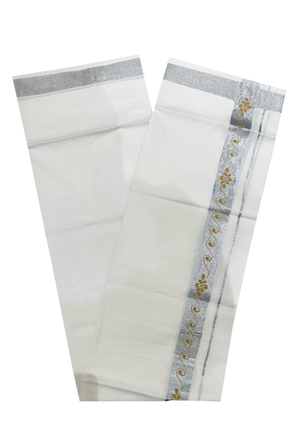 Pure White Cotton Double Mundu with Yellow Prints on Silver Kasavu Border (South Indian Kerala Dhoti)