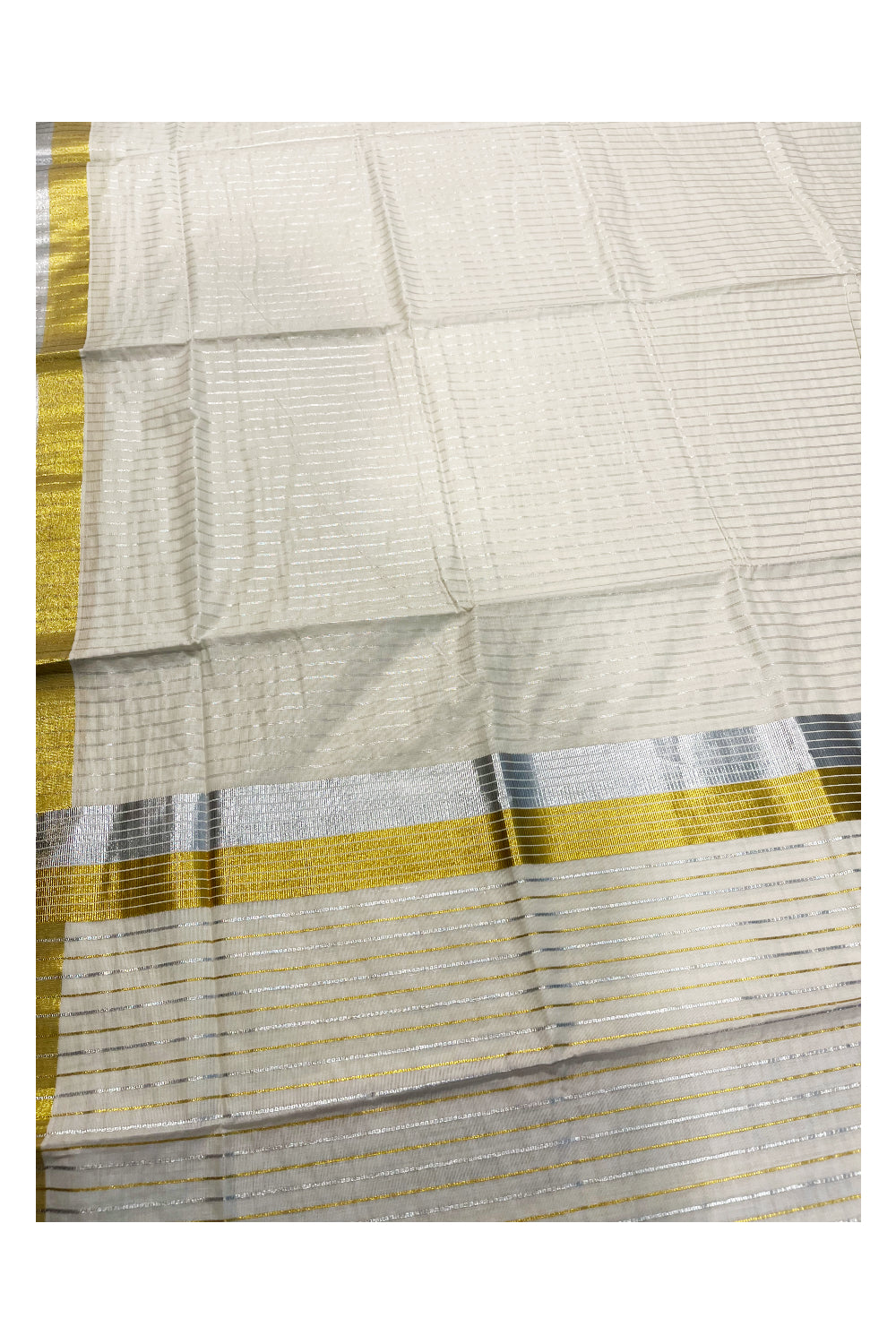 Kerala Cotton Kasavu Saree with Silver Lines Design on Body