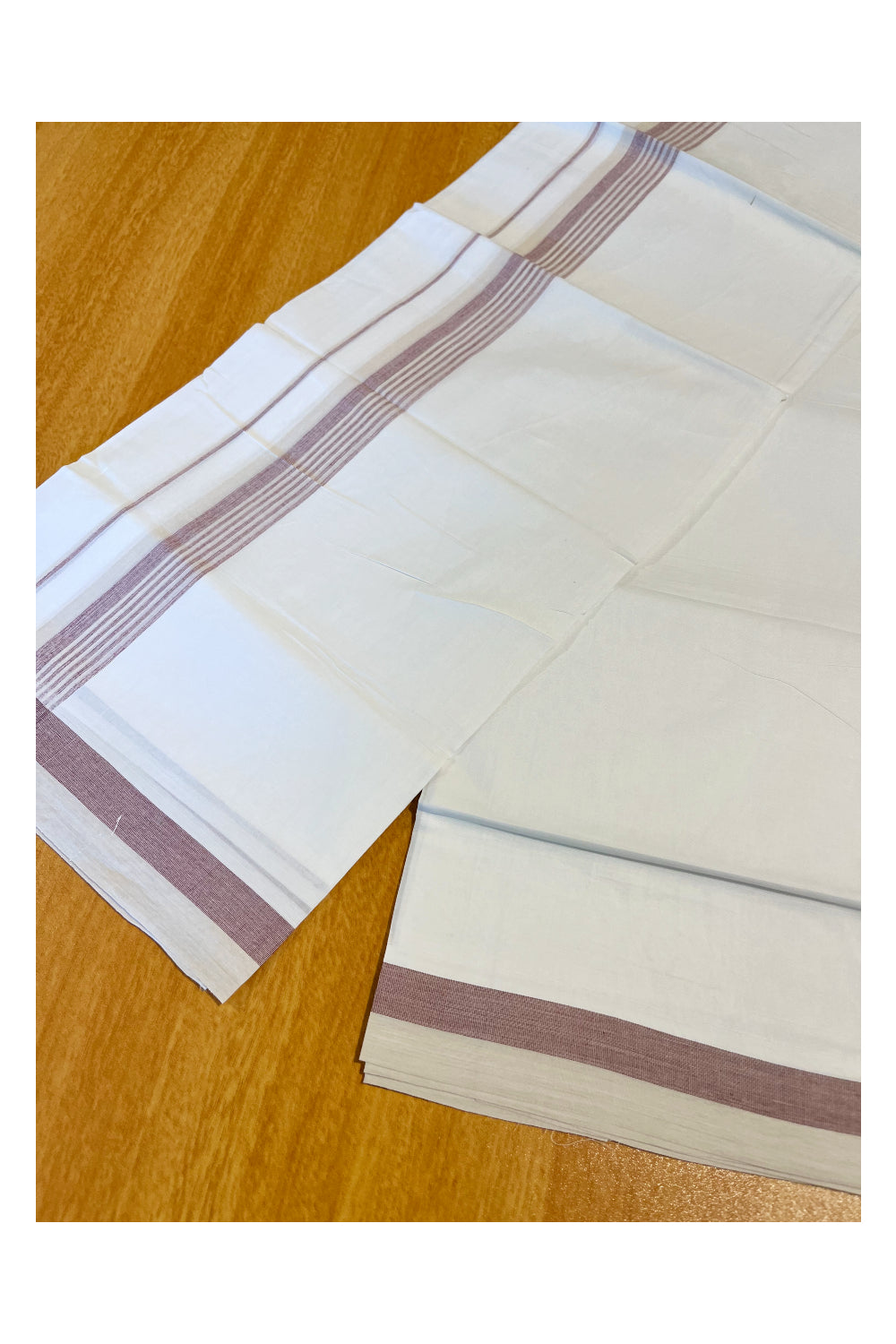 Pure White Cotton Double Mundu with Cream And Maroon Lines Border (South Indian Dhoti)