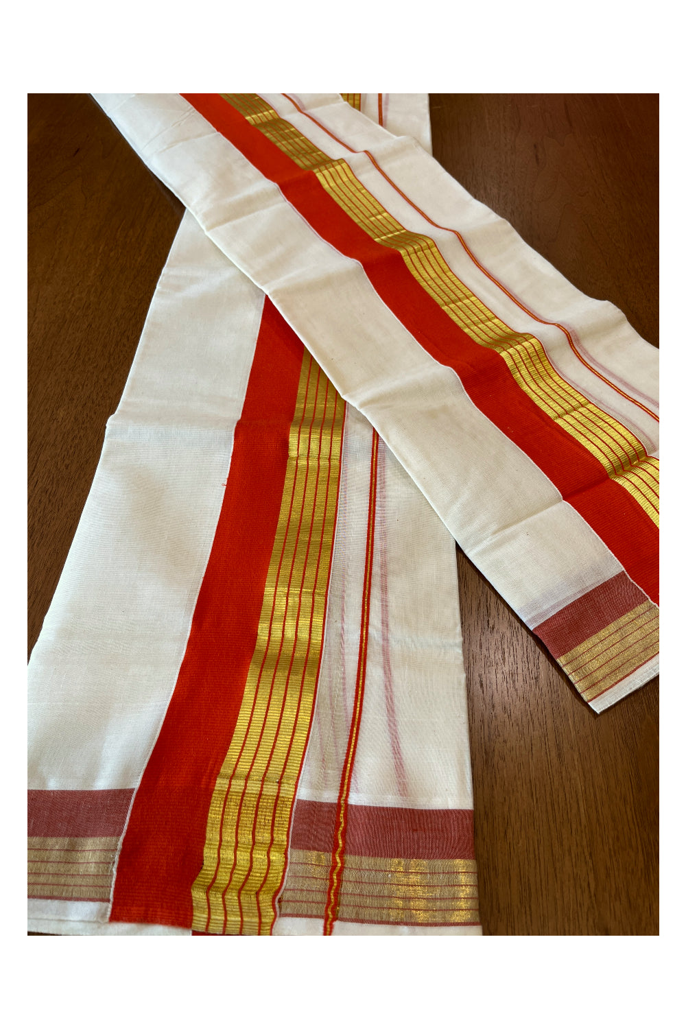 Kerala Cotton Set Mundu (Mundum Neriyathum) with Orange and Kasavu Border