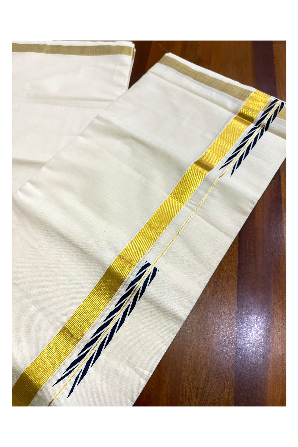 Kerala Pure Cotton Double Mundu with Blue Chutti Printed Designs on Kasavu Border (South Indian Kerala Dhoti)