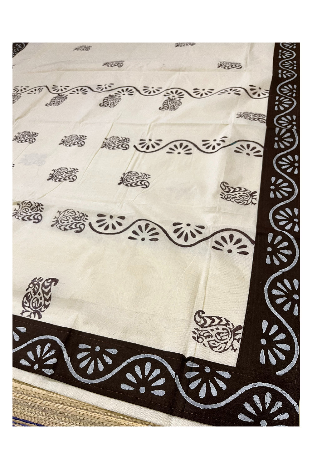 Pure Cotton Onam 2023 Kerala Saree with Hand Block Dark Brown Batik Prints