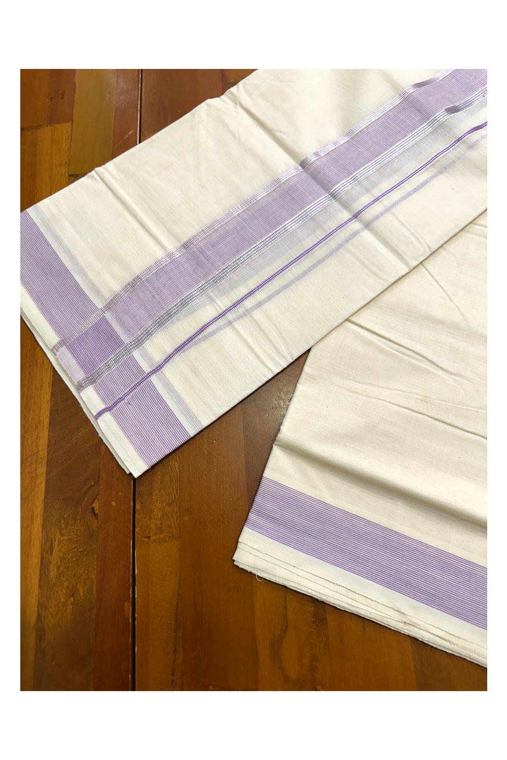 Pure Cotton Off White  Double Mundu with Silver Kasavu Lines And Lavender Kara (South Indian Kerala Dhoti)