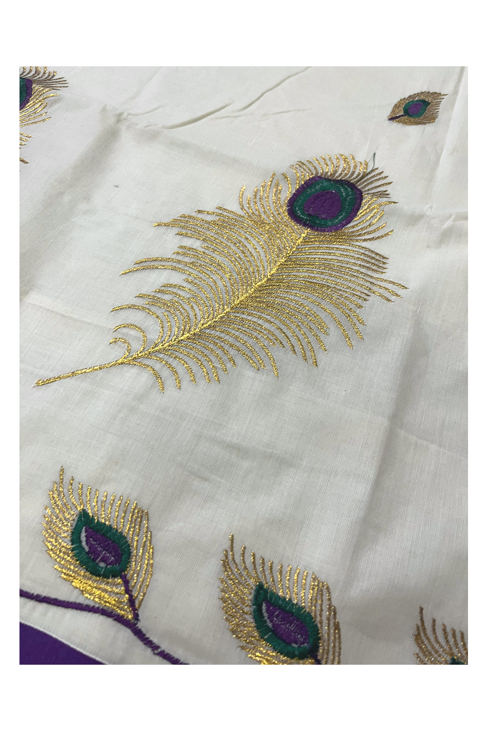 Pure Cotton Kerala Saree with Feather Embroidery Work and Violet Border (Onam Saree 2023)