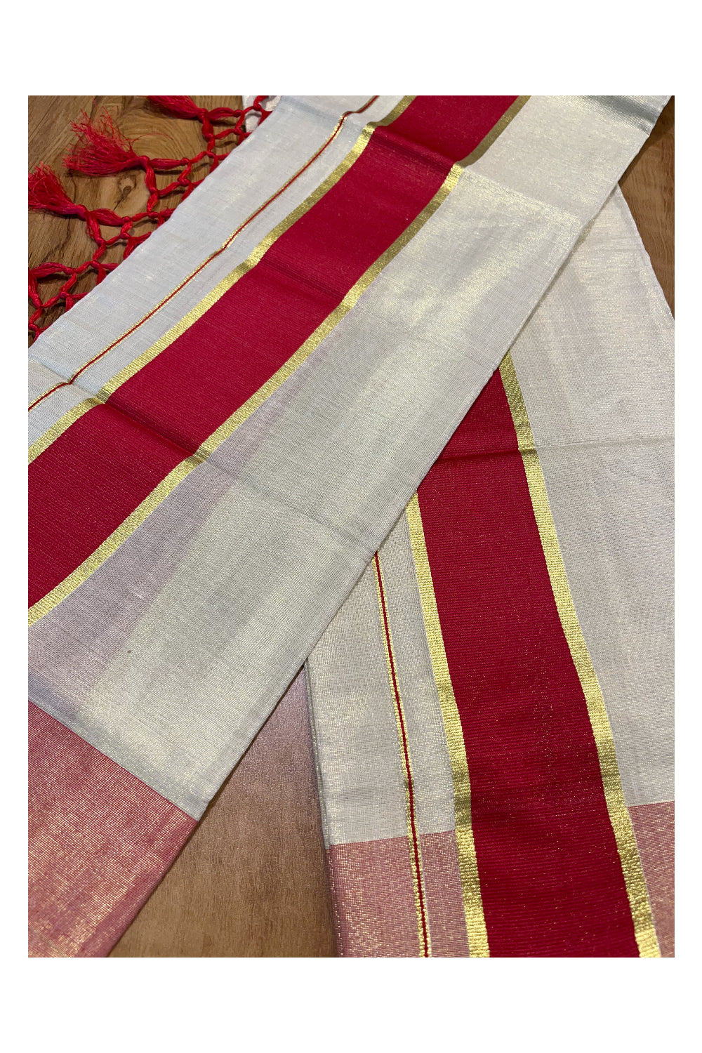 Kerala Tissue Kasavu Set Mundu (Mundum Neriyathum) with Red Border Tassels on Pallu