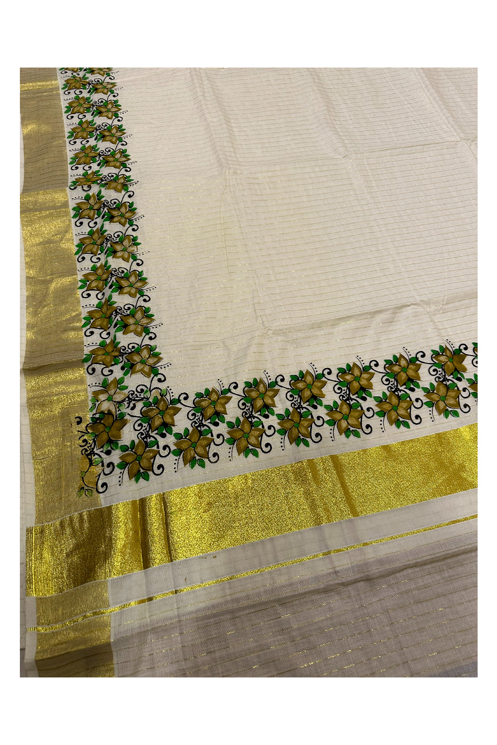 Kerala Pure Cotton Brown Floral Printed and Kasavu Lines Saree (Onam Saree 2023)