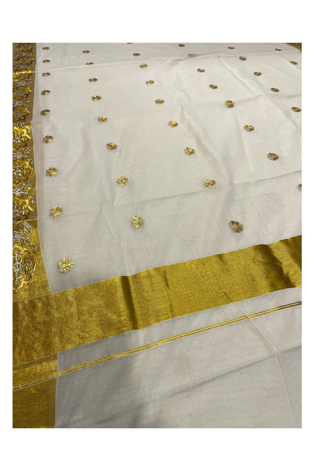 Kerala Cotton Kasavu Saree With Silver and Golden Woven Works