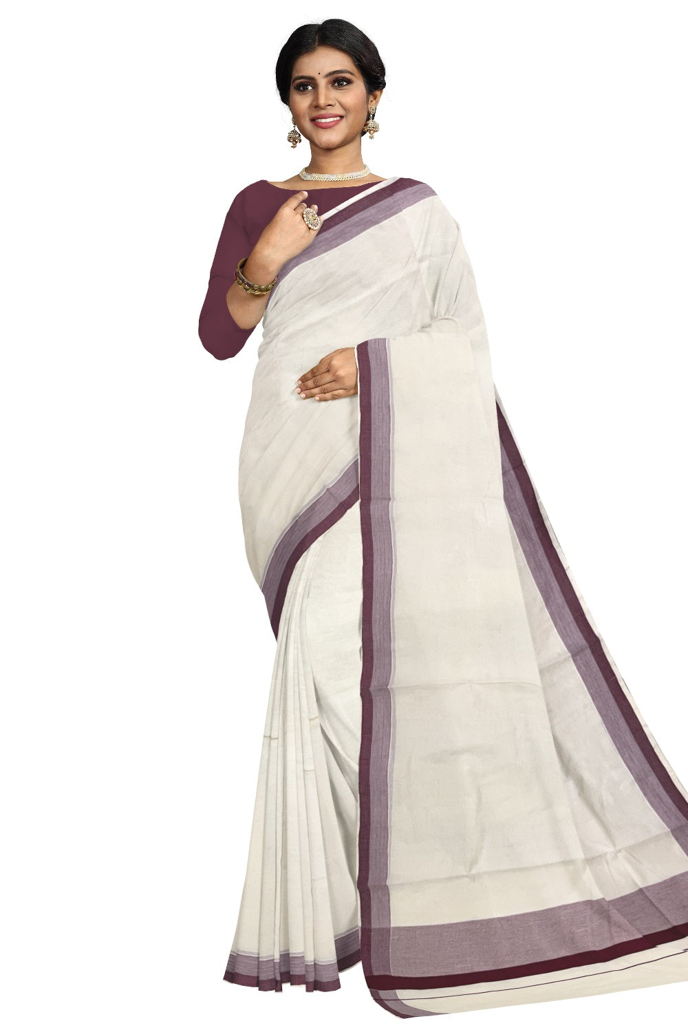 Pure Cotton Off White Kerala Saree with Purple Shaded Border