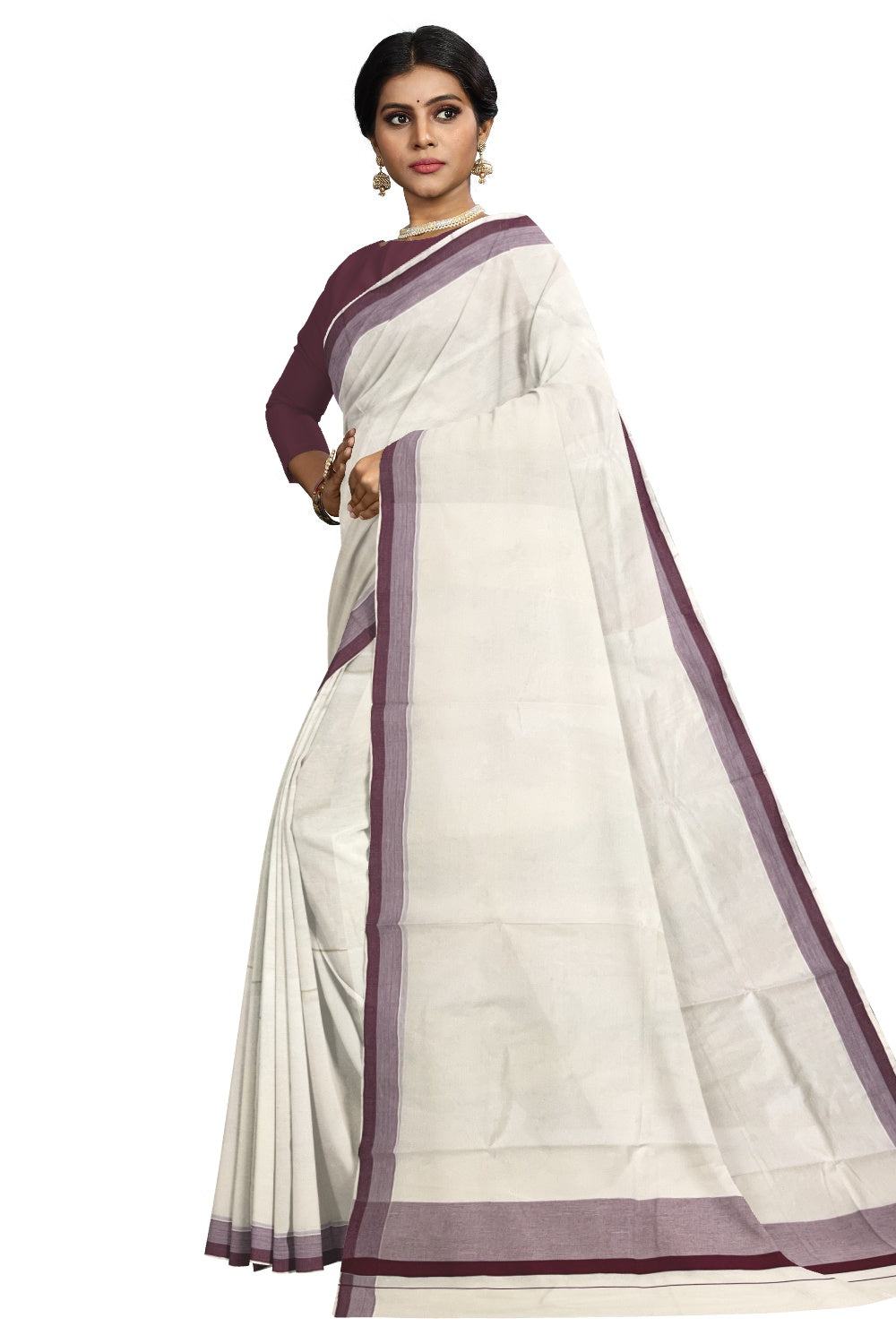 Pure Cotton Off White Kerala Saree with Purple Shaded Border