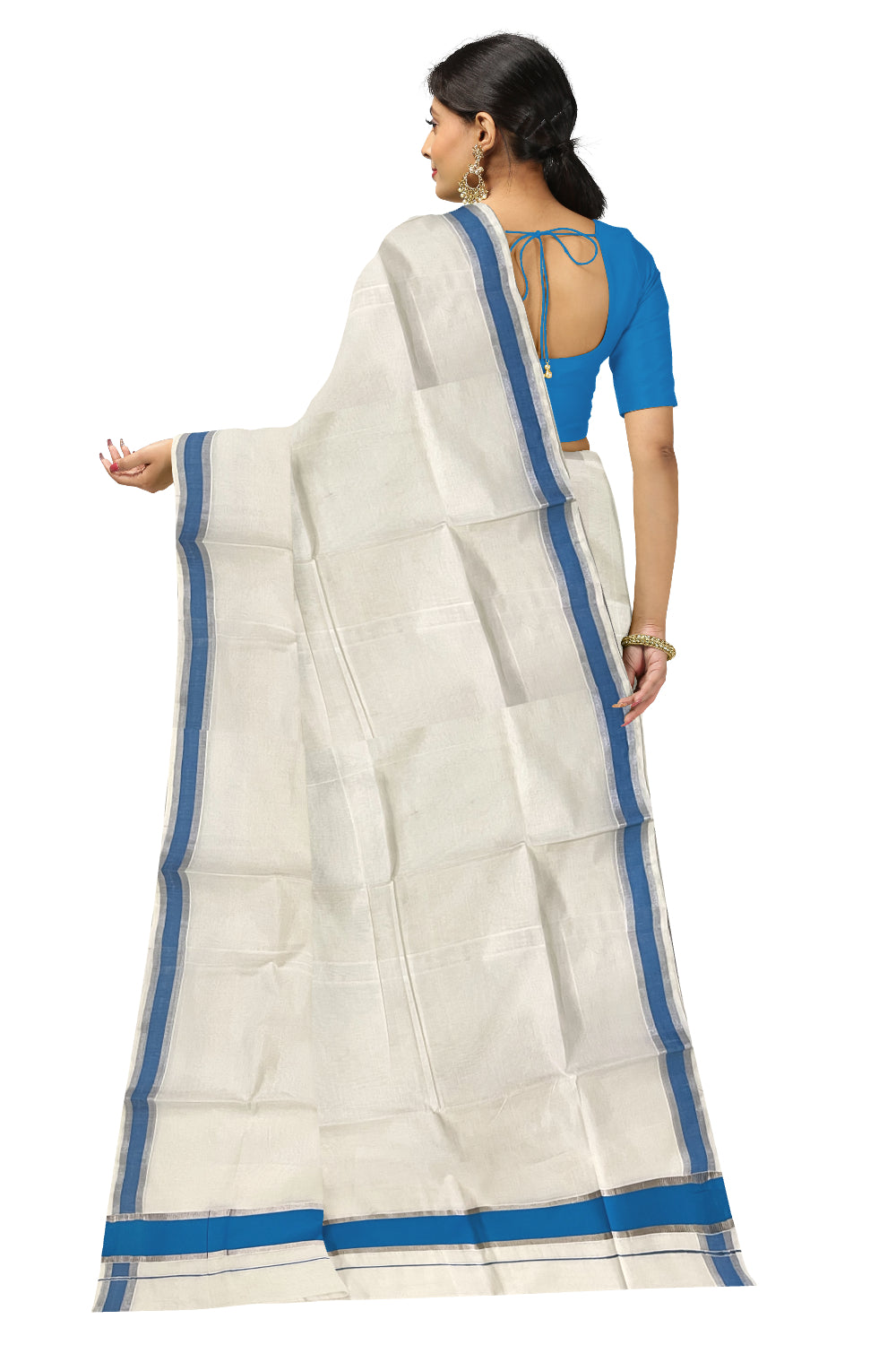 Pure Cotton Kerala Saree with Blue and Silver Kasavu Border