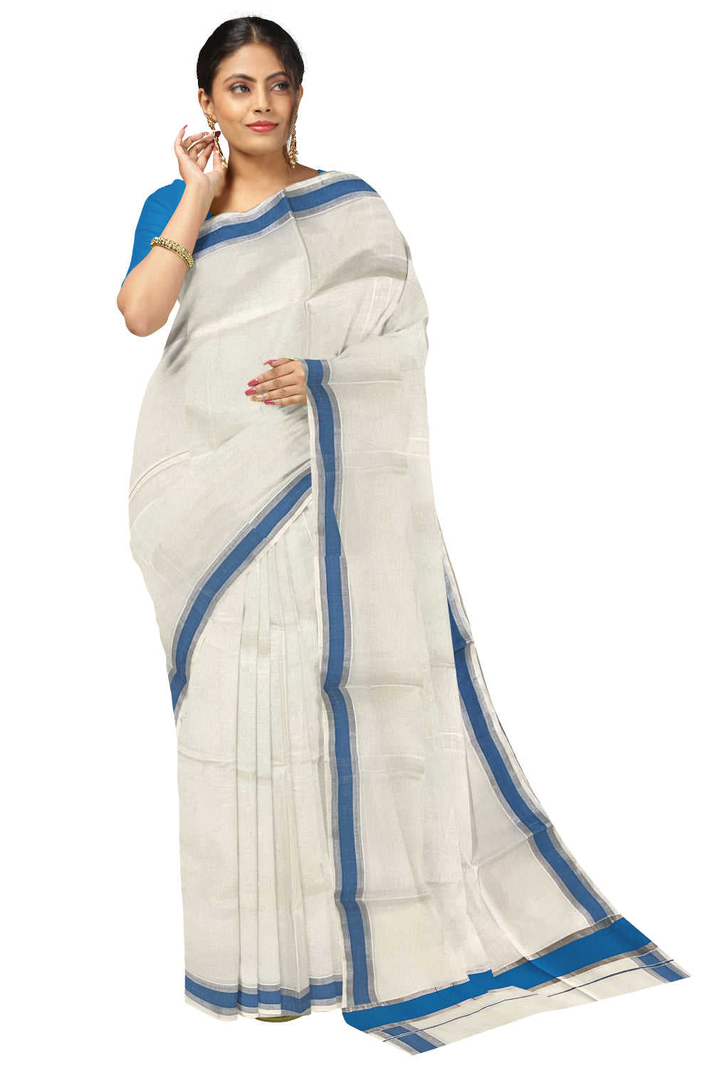 Pure Cotton Kerala Saree with Blue and Silver Kasavu Border