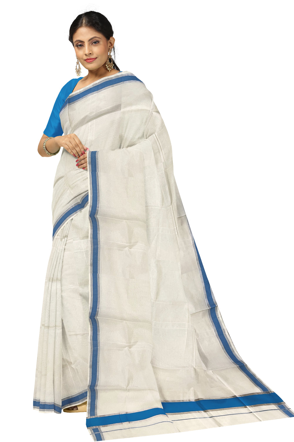 Pure Cotton Kerala Saree with Blue and Silver Kasavu Border