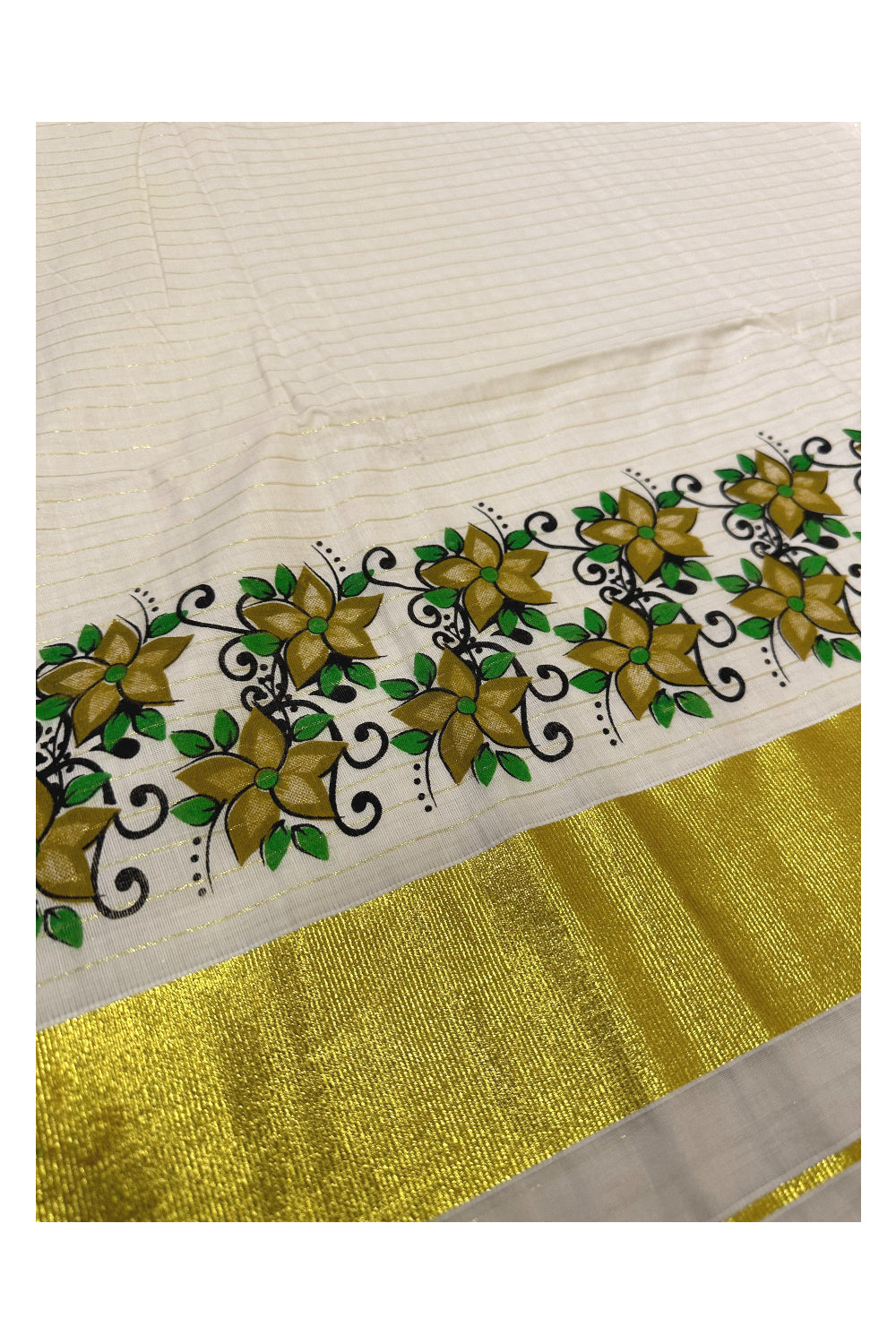 Kerala Pure Cotton Brown Floral Printed and Kasavu Lines Saree (Onam Saree 2023)