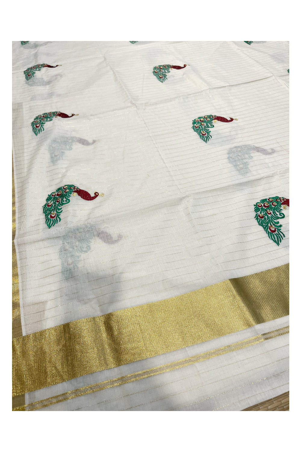 Kerala Cotton Kasavu Stripes Saree with Green And Maroon Peacock Embroidery Design on Body