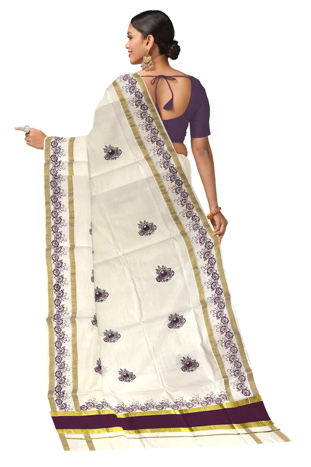 Pure Cotton Kerala Saree with Purple Floral Block Printed Kasavu Border (Onam Saree 2023)