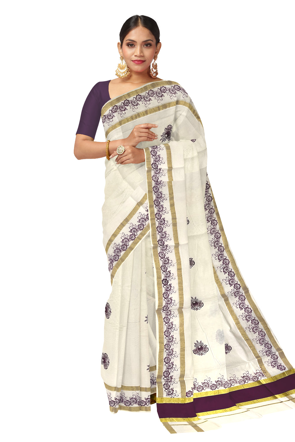 Pure Cotton Kerala Saree with Purple Floral Block Printed Kasavu Border (Onam Saree 2023)