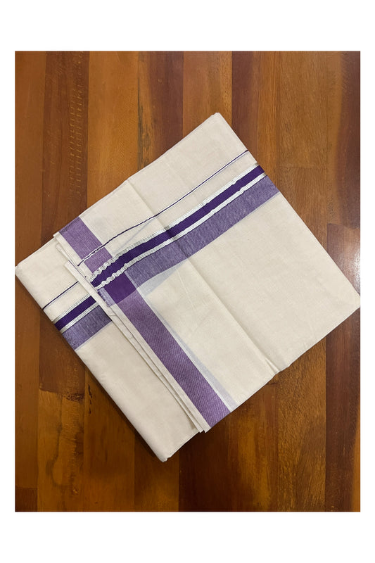 Pure Cotton Kerala Double Mundu with Violet and Silver Kasavu Kara (South Indian Kerala Dhoti)