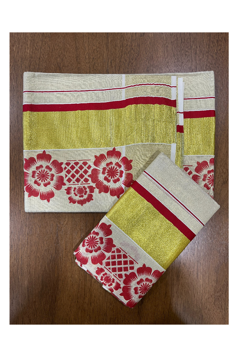 Kerala Tissue Kasavu Set Mundu (Mundum Neriyathum) with Red Floral Block Prints on Border 2.80 Mtrs