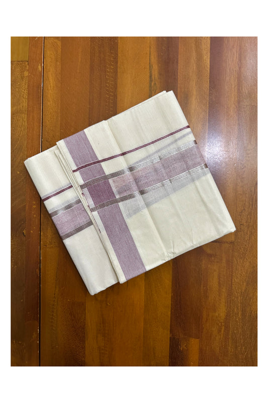 Pure Cotton Off White  Double Mundu with Silver Kasavu Lines And Purple Kara (South Indian Kerala Dhoti)