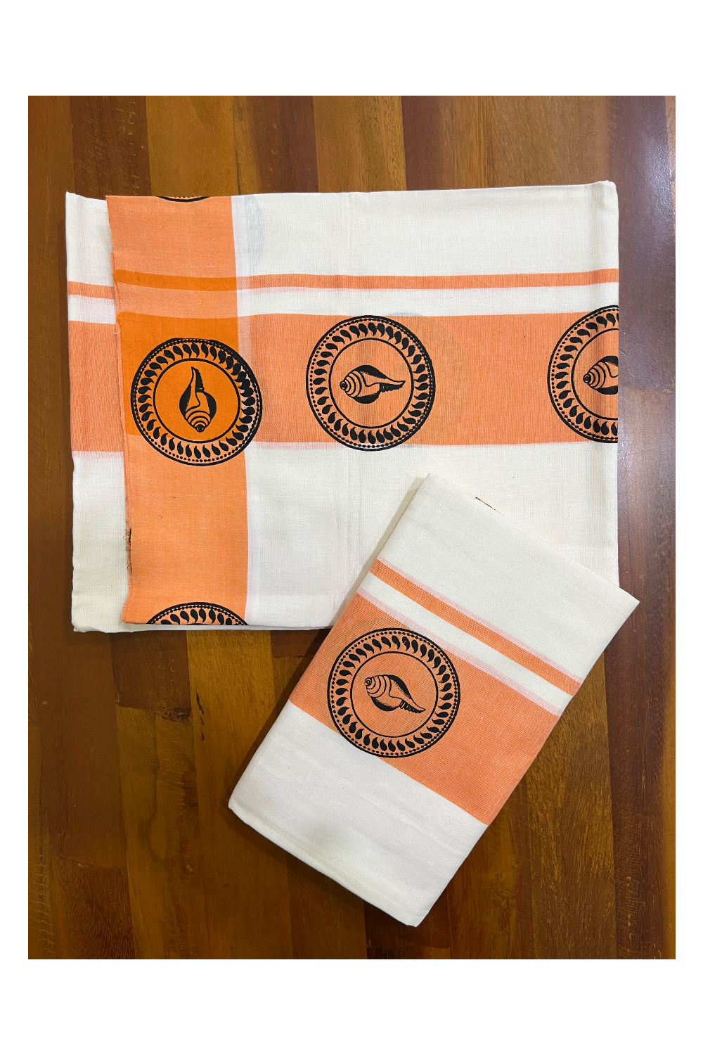 Kerala Pure Cotton Set Mundu (Mundum Neriyathum) with Block Printed Orange Border 2.80 Mtrs