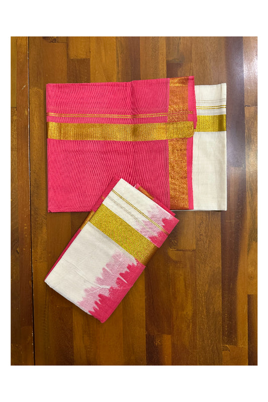 Southloom Tie & Dye - Half & Half  Multi Colour Pink Design Set Mundu (Mundum Neriyathum) in 2.80 m Neriyathu (Extra Length)