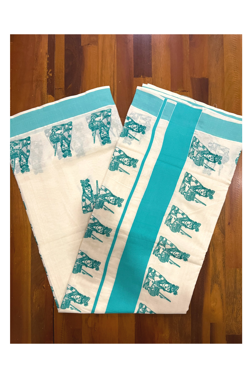 Pure Cotton Kerala Saree with Turquoise Krishna Block Printed Border (Onam Saree 2023)