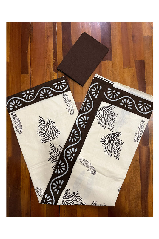 Pure Cotton Onam 2023 Kerala Saree with Hand Block Dark Brown Batik Prints