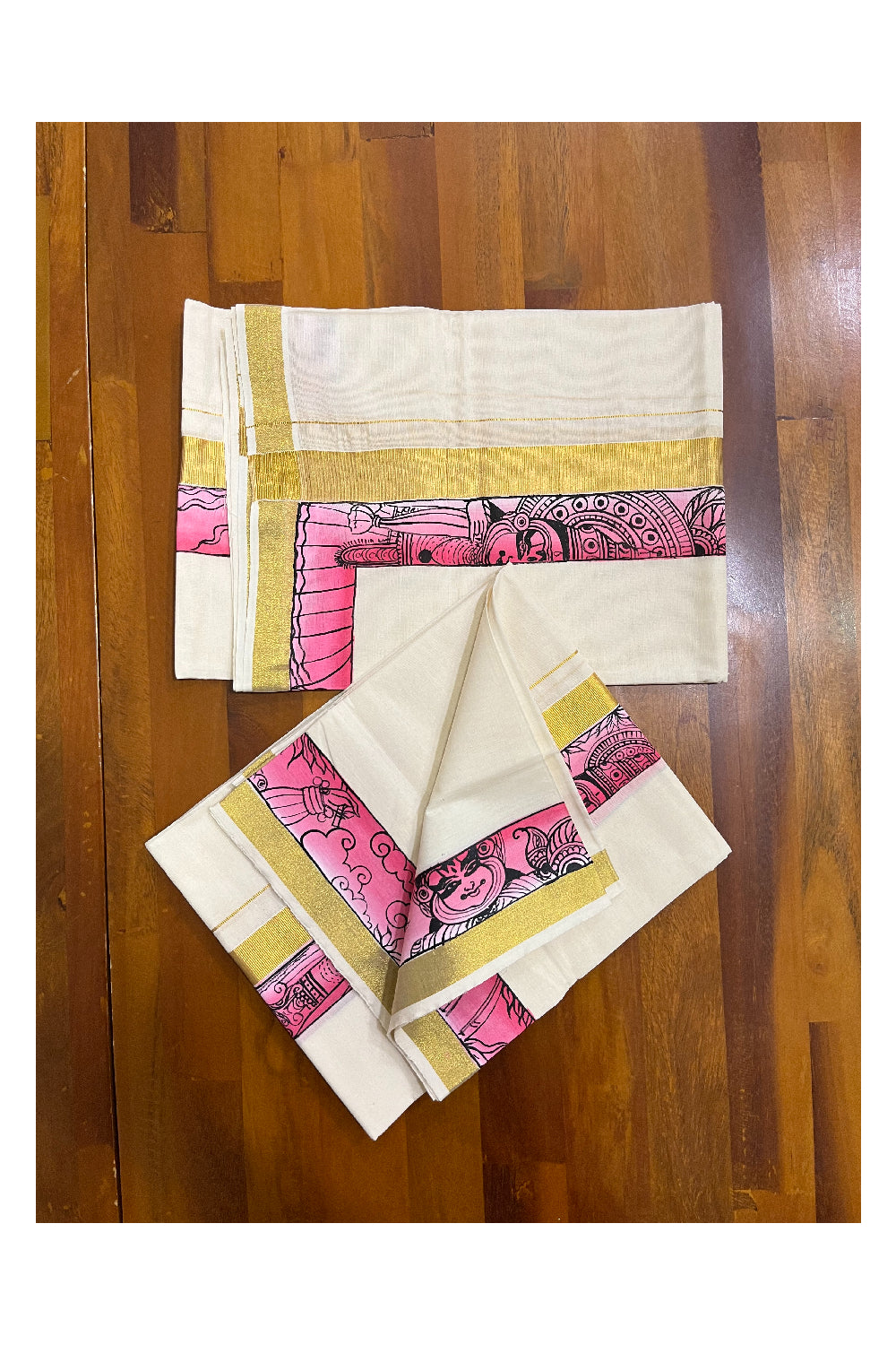 Southloom Handloom Premium Kerala Cotton Single Set Mundu (Mundum Neriyathum) with Hand Painted Designs with Kasavu Border - 2.80Mtrs