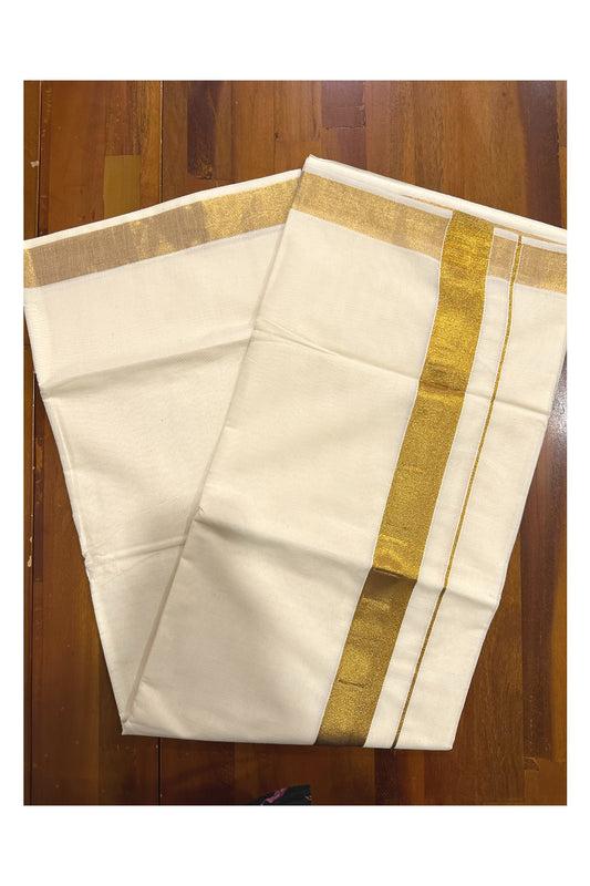 Plain Mixed Fabric Kasavu Saree with 2x2 Border