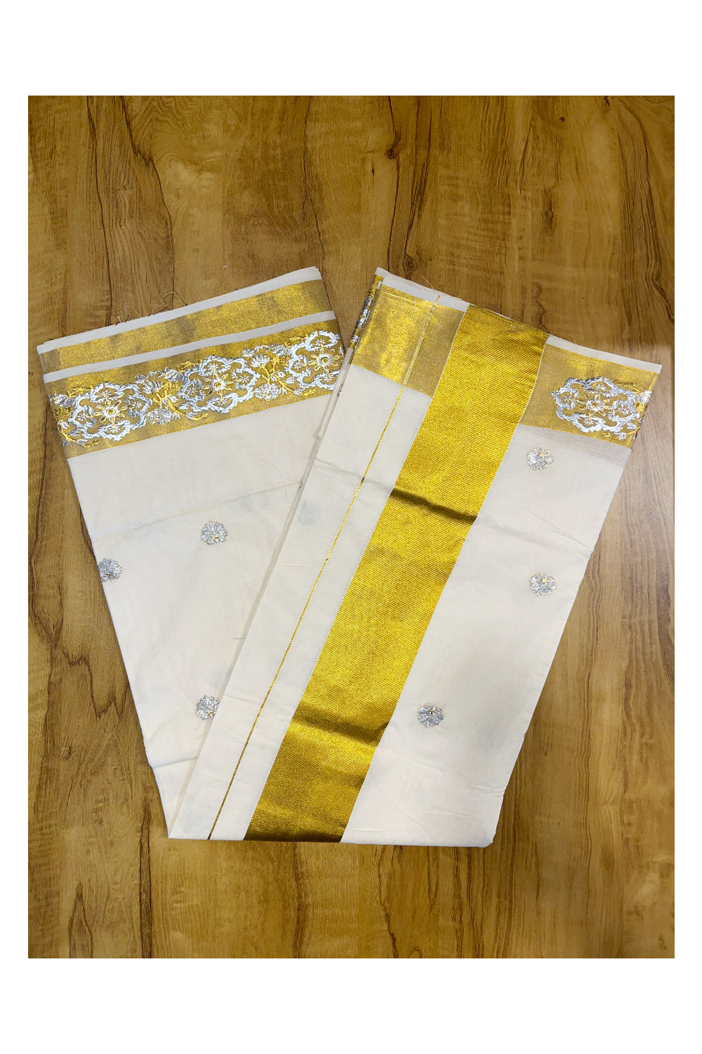 Kerala Cotton Kasavu Saree With Silver and Golden Woven Works