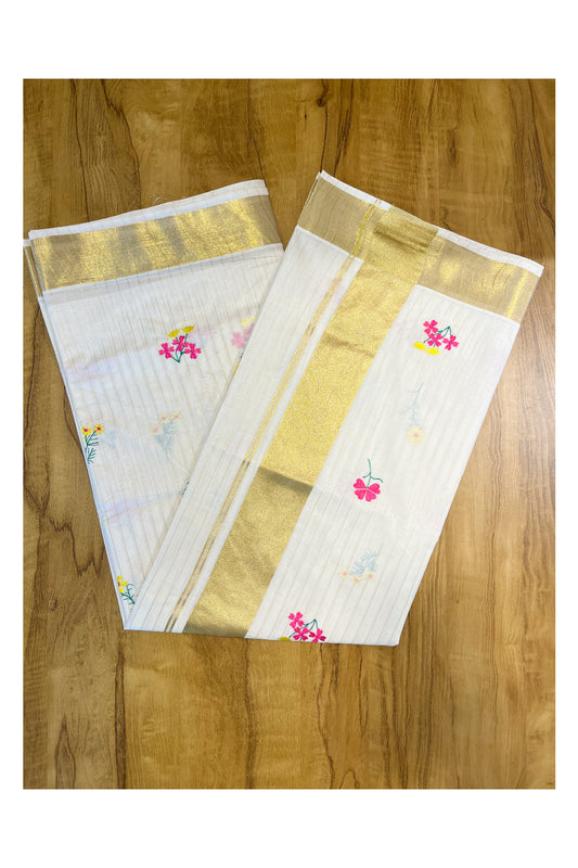 Kerala Cotton Kasavu Lines Saree with Pink and Yellow Flower Embroidery Work