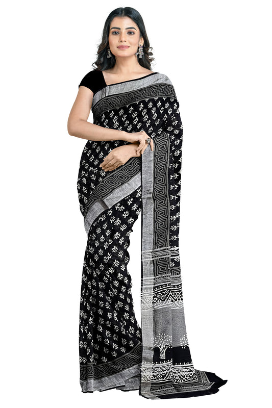 Southloom Linen Black Designer Saree with Floral Prints
