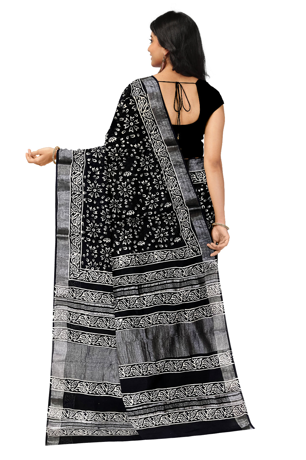 Southloom Designer Printed Black Linen Saree