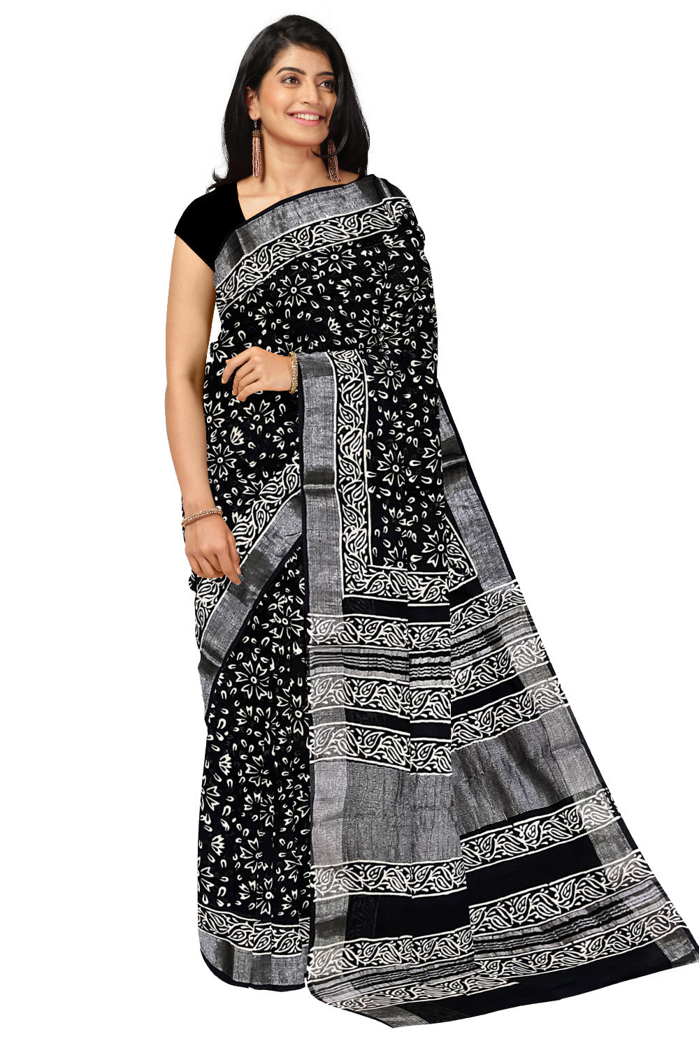 Southloom Designer Printed Black Linen Saree