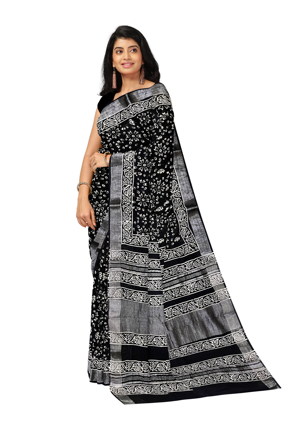 Southloom Designer Printed Black Linen Saree