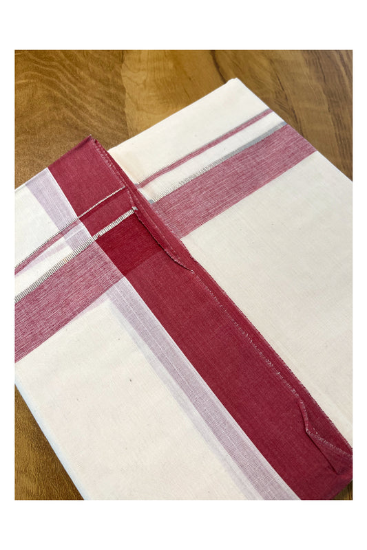 Pure Cotton Off White Double Mundu with Silver Kasavu and Maroon Kara (South Indian Kerala Dhoti)