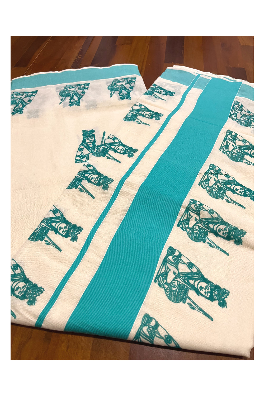 Pure Cotton Kerala Saree with Turquoise Krishna Block Printed Border (Onam Saree 2023)