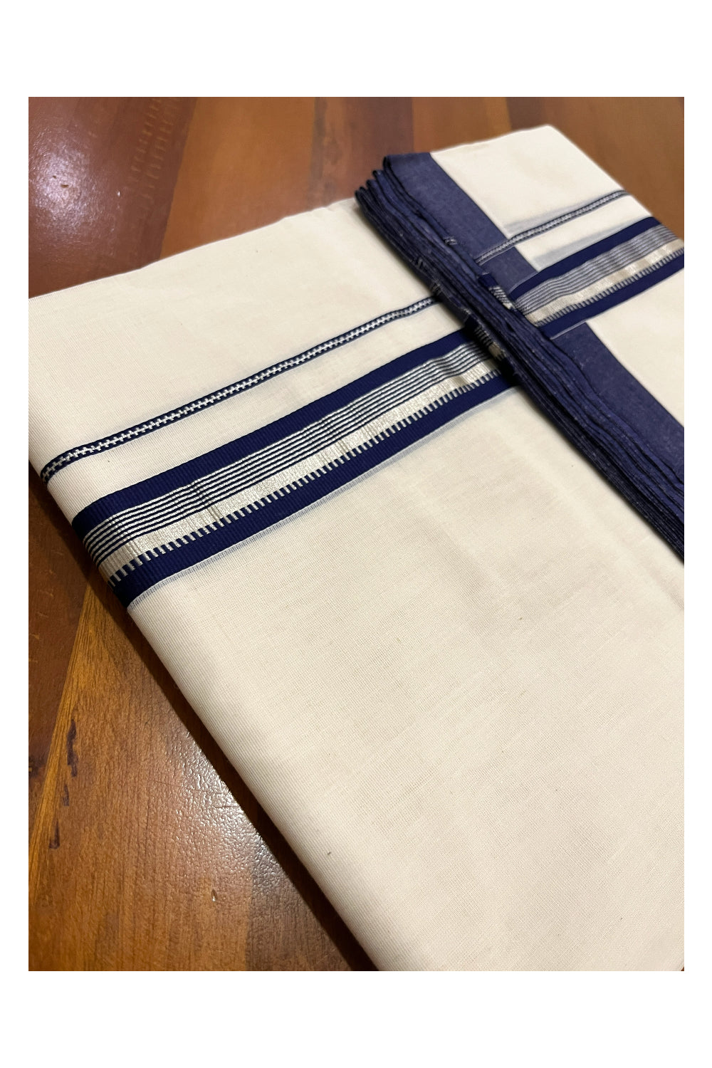 Southloom Premium Balaramapuram Unakkupaavu Handloom Mundu with Dark Blue and Silver Kasavu Border (South Indian Dhoti)