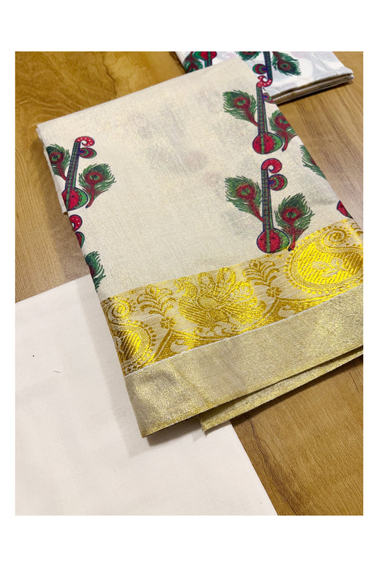 Kerala Tissue Churidar Salwar Material with Mural Peacock Feather Printed Design (include Mural Shawl / Dupatta)