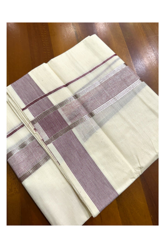 Pure Cotton Off White  Double Mundu with Silver Kasavu Lines And Purple Kara (South Indian Kerala Dhoti)