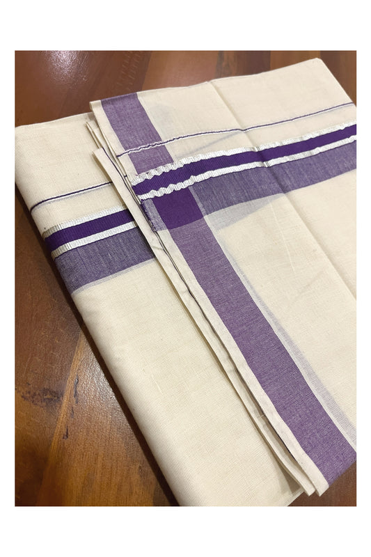 Pure Cotton Kerala Double Mundu with Violet and Silver Kasavu Kara (South Indian Kerala Dhoti)