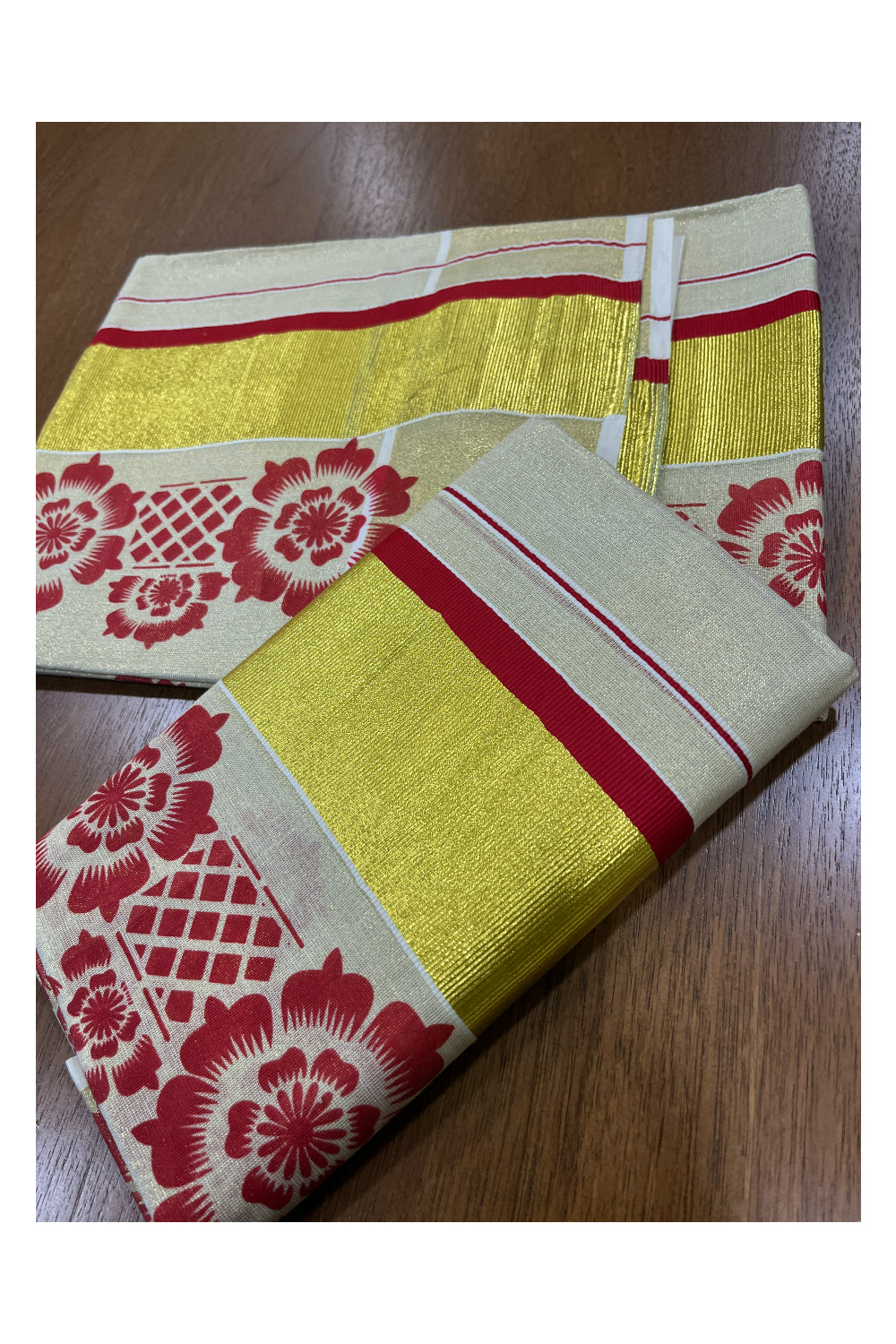 Kerala Tissue Kasavu Set Mundu (Mundum Neriyathum) with Red Floral Block Prints on Border 2.80 Mtrs